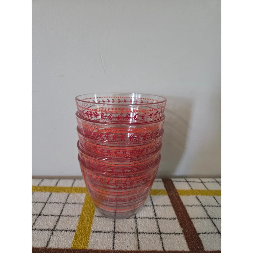 IKEA Glass Bowls Set of 5 Red Orange Pattern Made in France Small Stackable 4.5